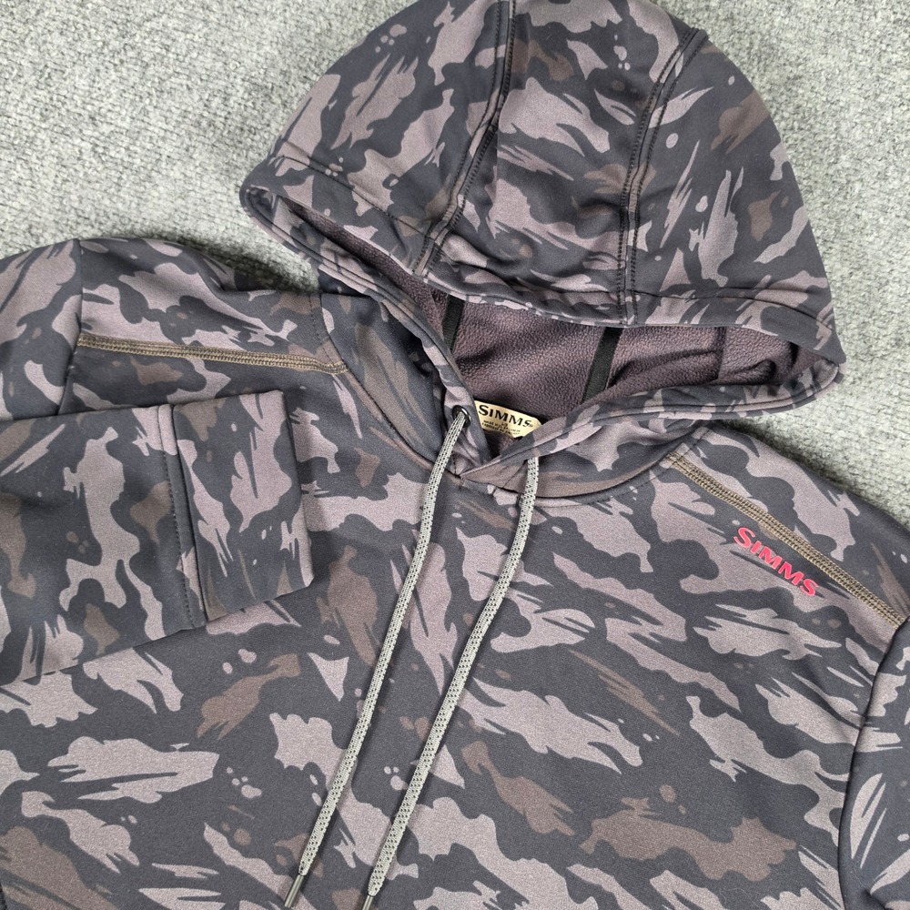 Simms CX Hoodie Hoody Mens L Gray Camo Fleece Lined Performance Pullover